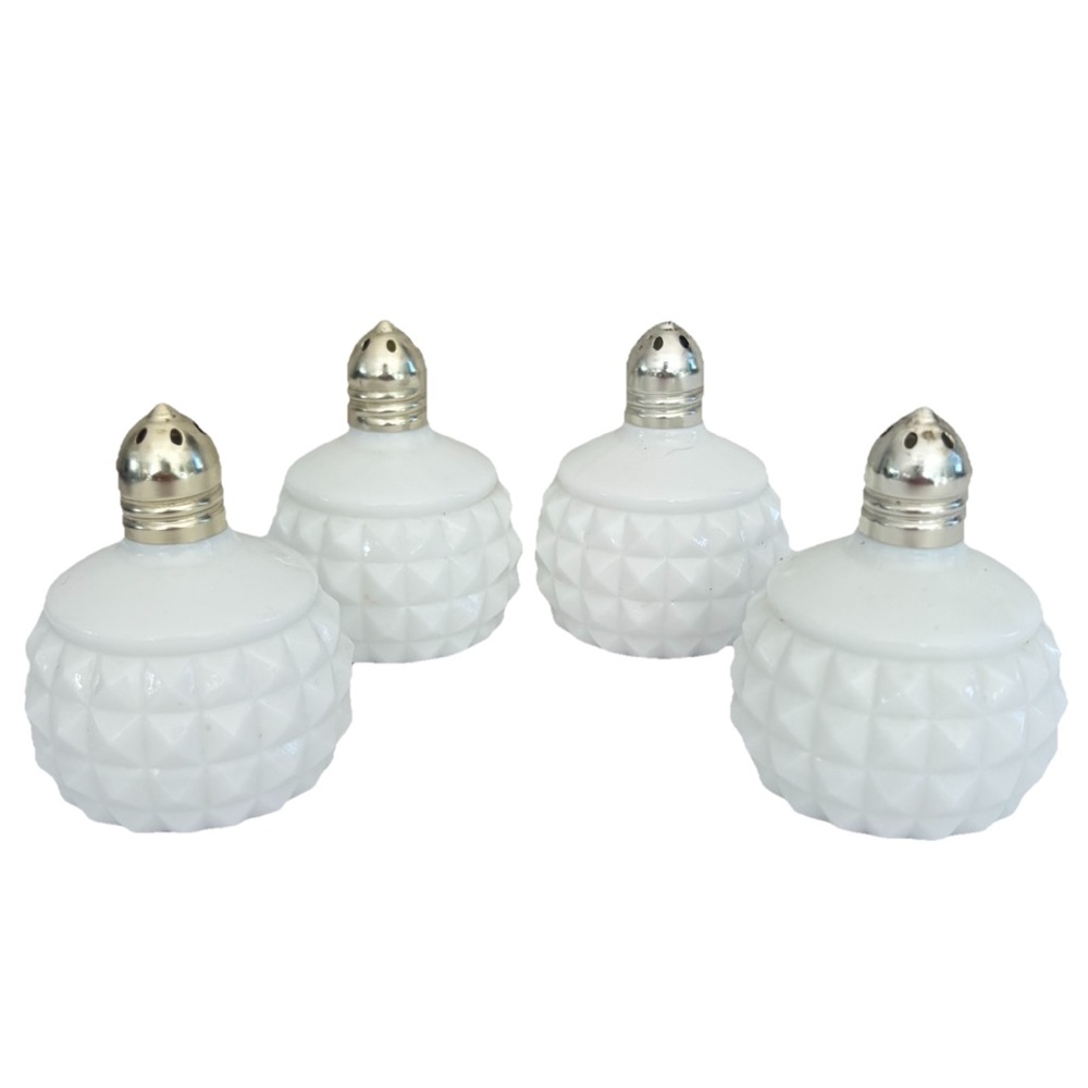 Diamond Cut Hobnail Milk Glass Round Salt And Pepper Shakers Japan 2 Sets Vtg